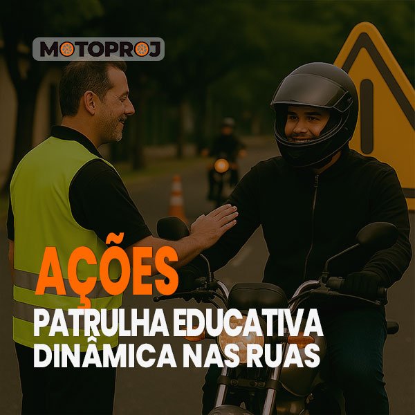 Educador do MOTOPROJ orientando motociclista em ação educativa de rua e trânsito.